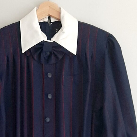 NINA RICCI Retro Maxi Length Long Pin-Stripe Dress White Collar Navy Blue Sz 12 - Picture 5 of 16